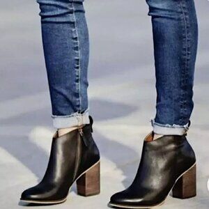 BP Lance Black Distressed Leather Bootie Wood Block Heel Ankle Boots 8 - NEW